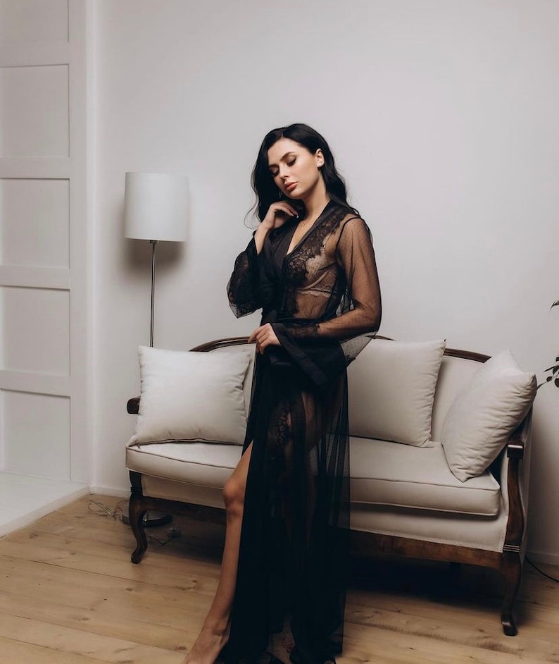 Black Lace Robe Silk Lace Bridal Party Robes Sheer lace robe Gothic Long Black Lace Robe lace bridal robe lace night robe Black wedding image 2