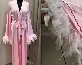 Bata de plumas rosa, batas para damas de honor, batas de boda con plumas, bata de satén de seda, bata para despedida de soltera, bata de plumas, lencería nupcial