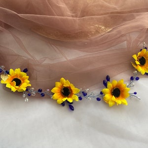 Sunflower Bridal Hair Vine: Yellow & Blue Floral Headpiece