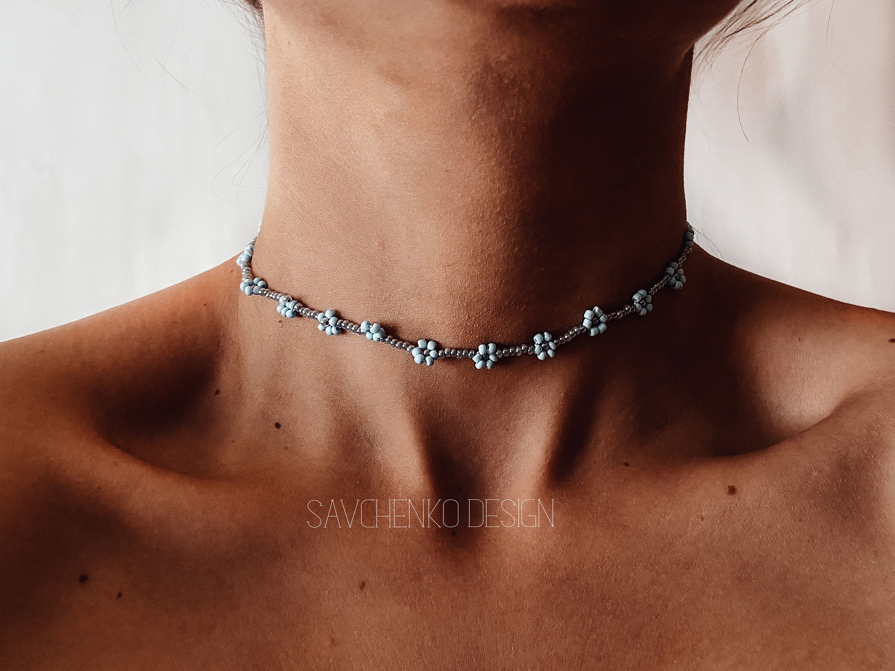 Blue flower beaded choker necklace