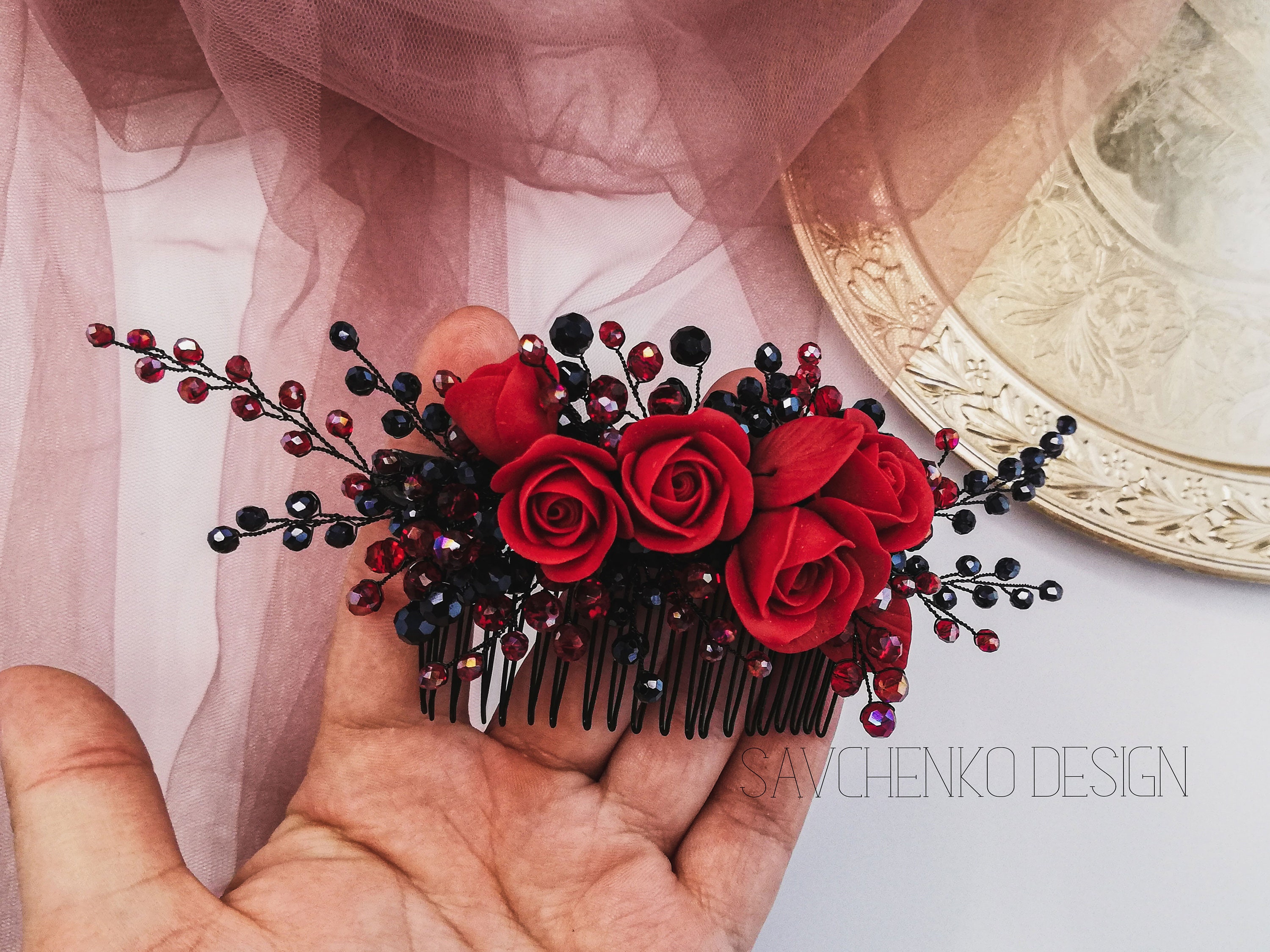 Red and Black Wedding Hair Accessories Burgundy Bride  display picture 1