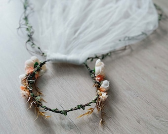 Floral Headband Veil: Flower Girl First Communion White Crown