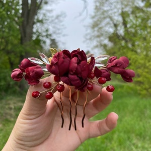Burgundy Wedding Hairpiece Bridal Hair Accessories Flower Headpiece Marsala Hairpiece Bridal Dark Red Hair Comb Burgundy Flower Hair Clip