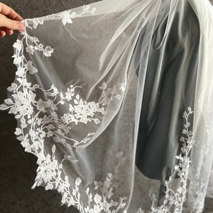 Flower wedding veil cathedral veil Boho wedding veil Chapel length floral veil lace edge bridal veil Celestial Flower Lace Embroidery Veil image 7