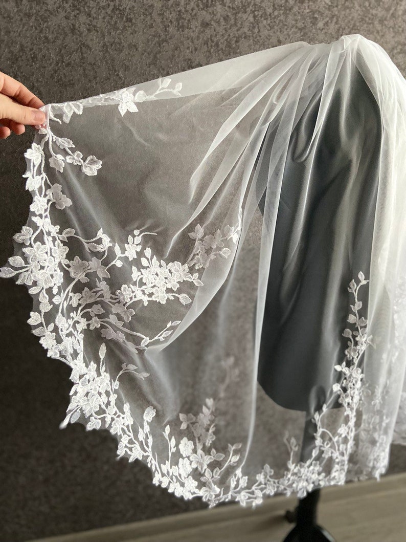 Flower wedding veil cathedral veil Boho wedding veil Chapel length floral veil lace edge bridal veil Celestial Flower Lace Embroidery Veil image 7