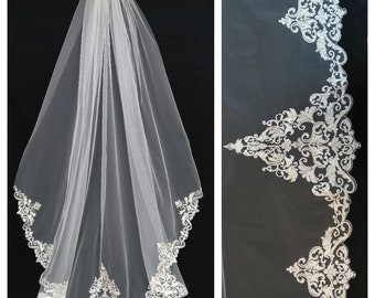 Sequined Lace Veil White Cathedral Wedding Veil  Long floral lace veil Bridal veil ivory wedding veil Lace Appliques Edge Chapel Lace Veil