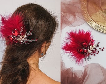 Red feathers bridal hair piece 20s flapper headpiece bridal jewelry great Gatsby wedding headband Vintage hair comb burgundy crystal clip