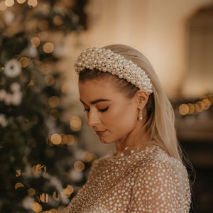 Aphrodite Pearl Bridal Headband Bachelorette Party pearl bride headpiece Bridal Headband with Pear White Padded Headband Bridesmaid Crown