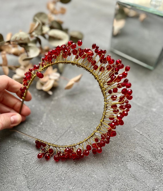 Red Beaded Wedding Tiara: Crystal Bridal Headband, Gold  display picture 1