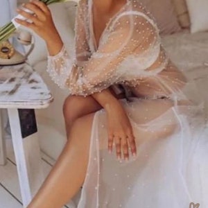 bridal robe with pearls Boudoir robe wedding pearl robe Long bridal robe Gorgeous Bridal Robe boho silk ivory robe Bridal lingerie robe