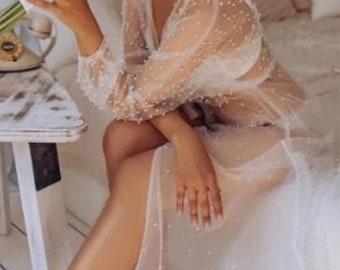 bridal robe with pearls Boudoir robe wedding pearl robe Long bridal robe Gorgeous Bridal Robe boho silk ivory robe Bridal lingerie robe