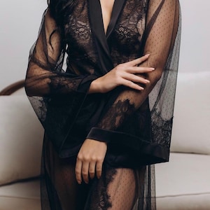 Black Lace Robe Silk Lace Bridal Party Robes Sheer lace robe Gothic Long Black Lace Robe lace bridal robe lace night robe Black wedding image 4