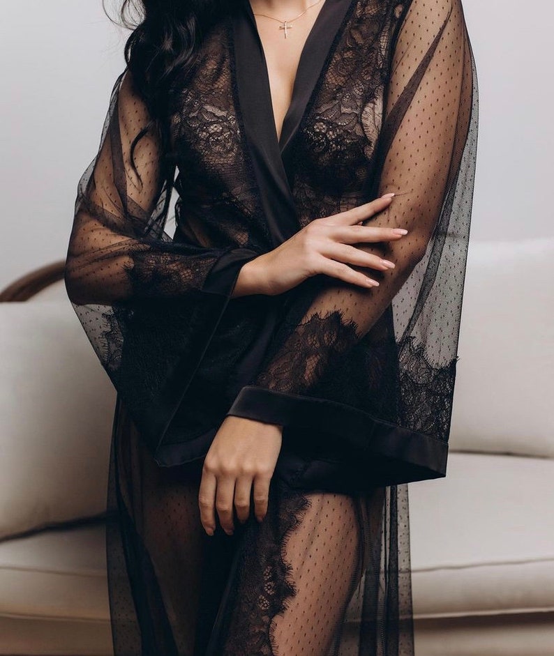 Black Lace Robe Silk Lace Bridal Party Robes Sheer lace robe Gothic Long Black Lace Robe lace bridal robe lace night robe Black wedding image 4