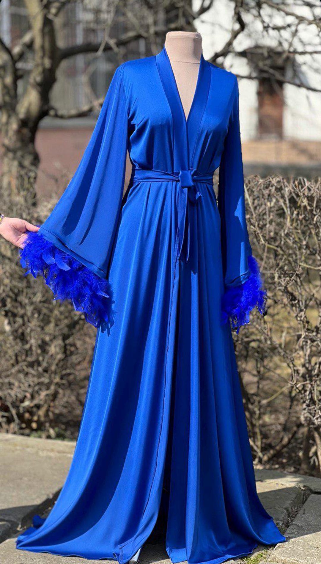 Blue Robe Dress Blue Bridal Robe With Feather Feathered Robe Blue Bridesmaid Robes Navy ...