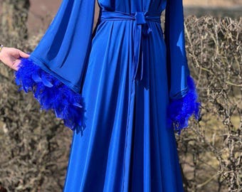 Blue bridal robe with feather Feathered Robe Blue Bridesmaid Robes Navy Blue Satin Robe Feather Trim Robe pregnancy shoot robe Boudoir robe
