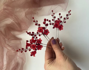 Burgundy flower hair pins Burgundy Wedding Bridesmaid hair accessories Burgundy wedding Marsala Bridal Hair Jewelry Maroon Bridesmaid gift