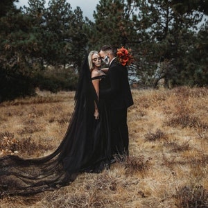 Black Wedding Veil Gothic wedding Black Cathedral Veil goth chapel veil black veil 2 layers Black Mantilla Veil Lace with Floral design