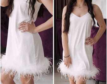 Bridal feather nightgown Bride Nightgown Bridesmaid gift Silk bridal nightgown Bride feather slip Bridal Party White Boudoir Nightgown