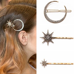 Starburst Barrette Moon & Star Rhinestone Hair Pin Celestial Moon and Stars Hair Pins star hair accessories Celestial wedding Moon Hair Pins