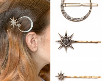 Hårnålar med strass och stjärnformade hår: Hårspänne med himmelsk måne och stjärna