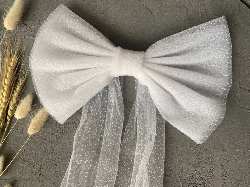 Tulle Bride Hair Bow Glitter Bridal Bow Veil Wedding Hair Bow Etsy