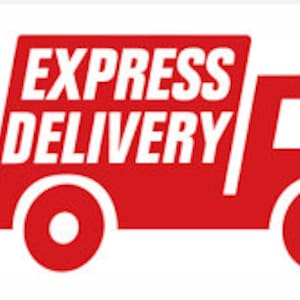 Op de afbeelding: Een rode bestelwagen met de tekst "EXPRESS DELIVERY" erop. De bestelwagen heeft een witte achtergrond en beweegt snel.