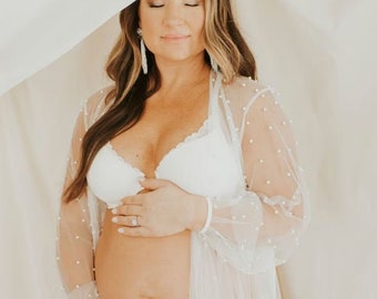 Pearl bridal robe Pearl Tulle Maternity Robe pearl Bridal Photoshoot Pregnancy Dress sheer pearl bridal robe bridal getting ready robe pearl