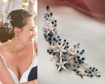 Pettine per capelli da sposa blu reale: tiara da sposa a forma di stella marina