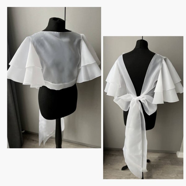 Veste transparente en organza wrap manches bouffantes boléro de mariée haussement d'épaules veste de mariage à manches bouffantes mariée capelet de mariée haut de mariée