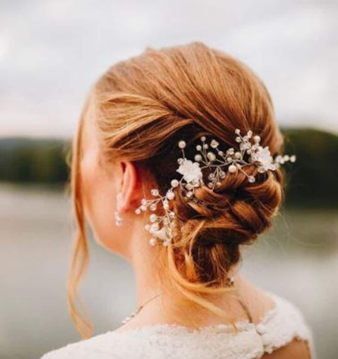 Boho Bridal Hair Vine: Silver Wire, White Flowers & Pearls  display picture 3