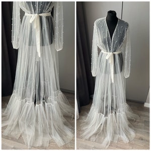 Soft Tulle Pearl Wedding Bridal Robe Pearl Transparent Robe Long robe for bride with pearl sleeves maternity shoot bridal dressing gown