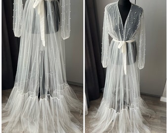 Soft Tulle Pearl Wedding Bridal Robe Pearl Transparent Robe Long robe for bride with pearl sleeves maternity shoot bridal dressing gown