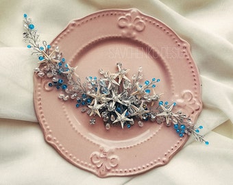 Accessoires pour cheveux mariage plage bleu mèche sirène demoiselles d'honneur étoile de mer bleu aqua Barrette diadème mariage plage diadème couronne de cristal