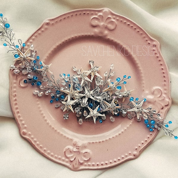 blue beach wedding hair accessories mermaid hair piece bridesmaids aqua blue starfish Hair clip beach wedding tiara Tiara Crystal Crown