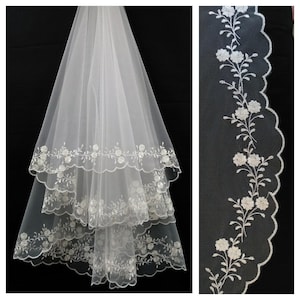 Floral Veil Long Flowered Wedding veil Boho Wedding Veil Flower veil with blusher Chapel Veil Celestial Embroidery Veil Ivory Lace veil