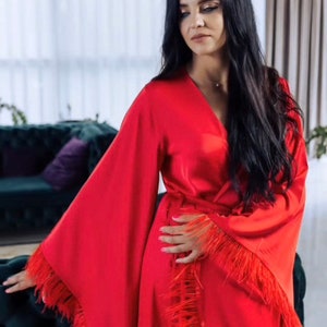 Red Feather Robe Burgundy silk robe Hollywood Style Bridal Boudoir Robe Red Feather Trim Robe Ostrich Feathers robe Red Luxury Silk Robe image 2