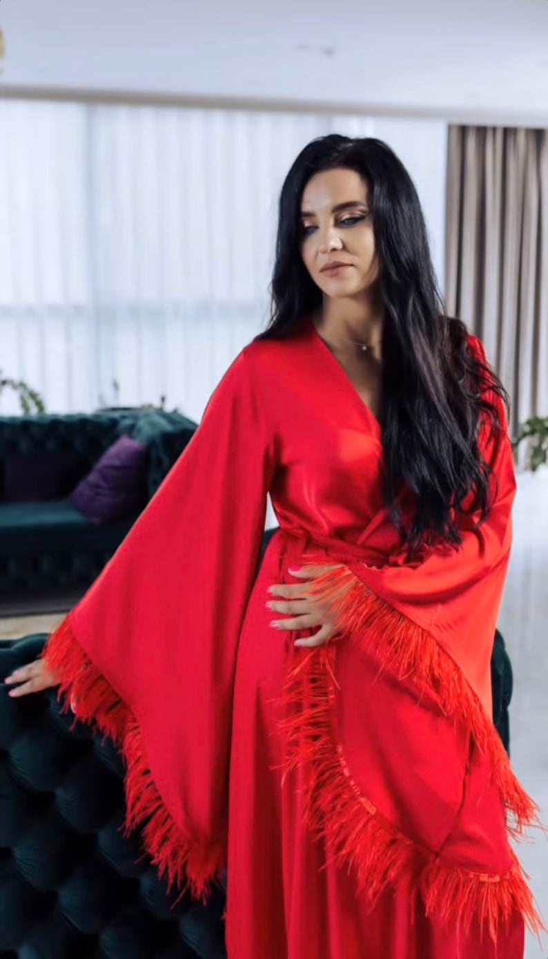 Red Feather Robe Burgundy silk robe Hollywood Style Bridal Boudoir Robe Red Feather Trim Robe Ostrich Feathers robe Red Luxury Silk Robe image 2