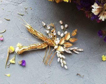Pinza para el pelo de trigo Peineta de trigo dorada Joyas de trigo Postizo para el pelo de boda Accesorios para el pelo de trigo Postizo de novia de trigo Tocado de novia con perlas