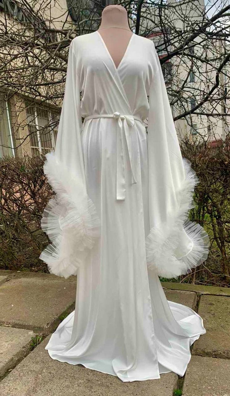 Ruffle Bridal robe with train Boudoir Robe Ruffle Maternity Dress for Photoshoot bridal party robe Sheer robe Satin silk robe Bridesmaid gif image 3