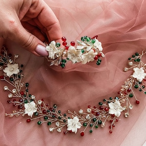 Christmas wedding hair accessories Winter hair crown Christmas flower hair piece Bridal set jewelry Red and green jewelry Burgundy headpiece