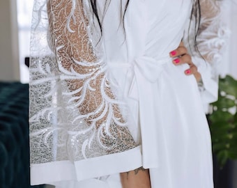 Bridal robe with lace sleeves bridal lingerie Plus size robe Honeymoon sheer robe Glitter wedding robe lace lingerie Bridal Shower Gift