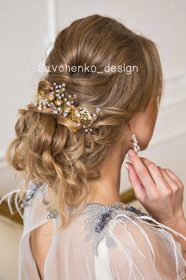 Boho wedding Rose gold bridal hairpiece|brass Babys breath hair vine|leafs bridal hair clip|Bridal hair accessories|rose gold headband