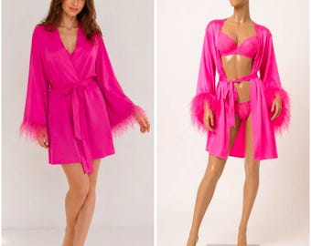 Rosa Brautrobe mit Federn, rosa Boudoirrobe aus Satin, Morgenmantel für Schwangerschaftsfotoshootings, langer, transparenter rosa Federrobe, rosa Kimonorobe aus Spitze