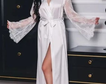 Chantilly lace robe Lace Wedding Robe Bridal Satin Robe with Lace Sleeve maxi bridal robe  sheer robe for Bride Maternity Robe Boudoir Robe