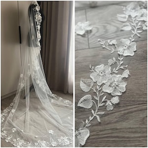 Cathedral Lace Mantilla Veil  Mantilla Lace Wedding Veil Lace Edge Bridal Veil Fingertip White Veil Lace floral lace veil Embroidered lace