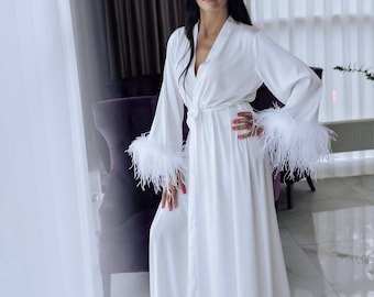 White Silk Robe with Feathers: Wedding Kimono, Bridal Boudoir Gown