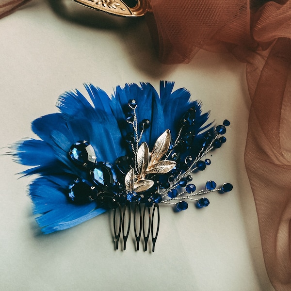 Royal blue flapper hair comb hair jewelry prom fascinator comb feather hair accessories 1920s feather hairpin navy bridal tiara feather