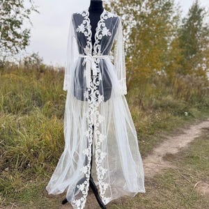 Sheer Lace Silk Robe maxi bridal robe White Lace Robe lace dressing gown lace bridal robe bridal robe with train  dressing gown boudoir robe
