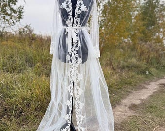 Sheer Lace Silk Robe maxi bridal robe White Lace Robe lace dressing gown lace bridal robe bridal robe with train  dressing gown boudoir robe