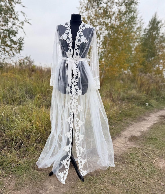Sheer Lace Silk robe maxi bridal robe White Lace robe Lace dressing gown Lace bridal robe bridal robe with train dressing gown boudoir robe